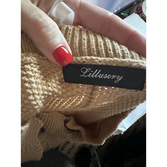 Lillusory V Neck Pullover Sweater Tan Camel Henley Button Large Chunky Warm - Picture 2 of 5